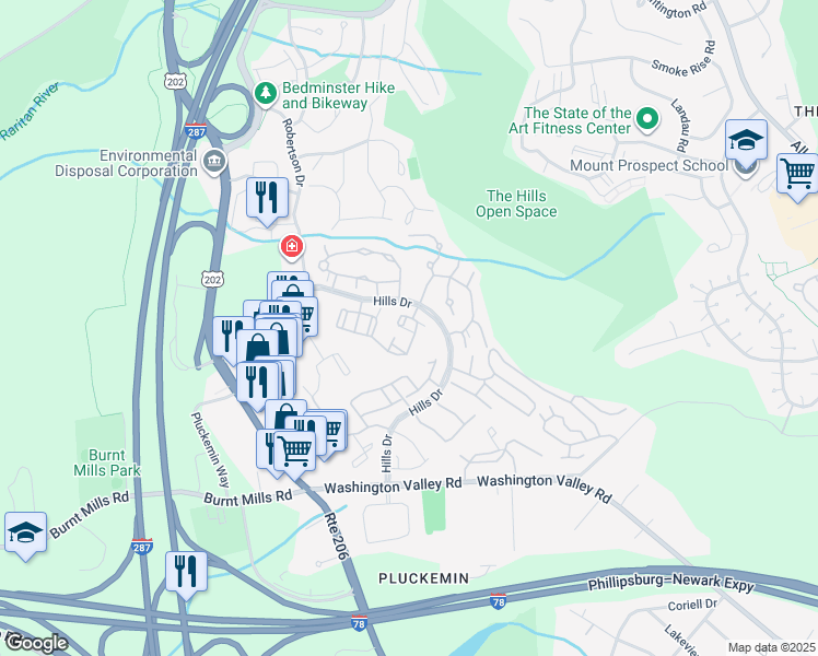 map of restaurants, bars, coffee shops, grocery stores, and more near 15 Crossfield Court in Bedminster Township