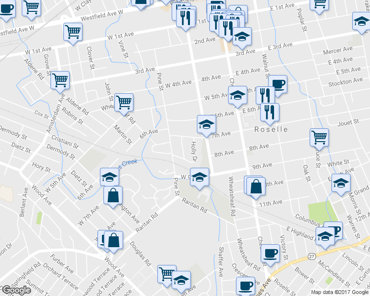 map of restaurants, bars, coffee shops, grocery stores, and more near 217 Cherry Street in Roselle