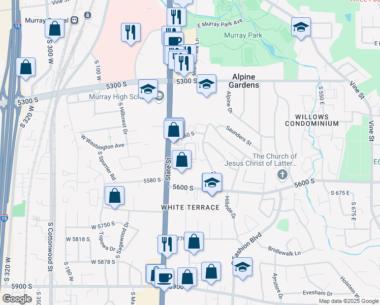 map of restaurants, bars, coffee shops, grocery stores, and more near 5492 Emberly Lane in Murray