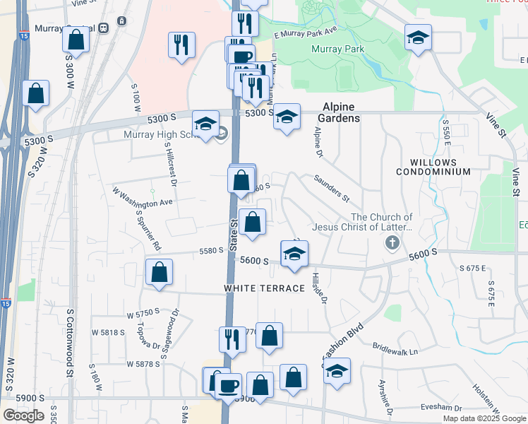 map of restaurants, bars, coffee shops, grocery stores, and more near 5491 Jackie Way in Murray