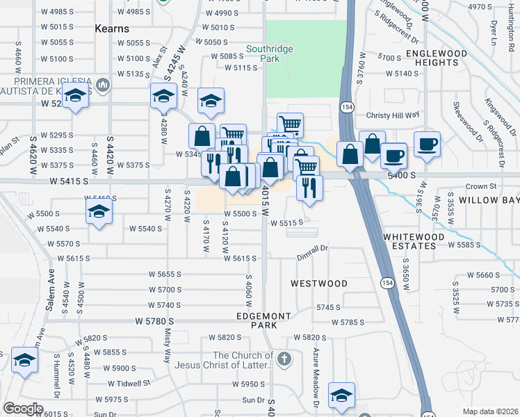 map of restaurants, bars, coffee shops, grocery stores, and more near 5490 4015 West in Kearns