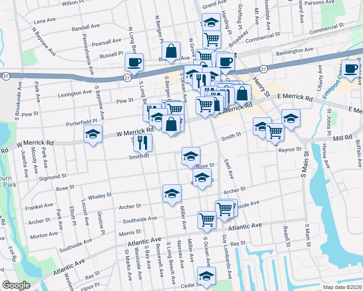 map of restaurants, bars, coffee shops, grocery stores, and more near 194 Smith Street in Freeport