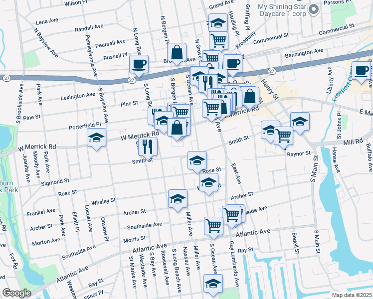 map of restaurants, bars, coffee shops, grocery stores, and more near 194 Smith Street in Freeport