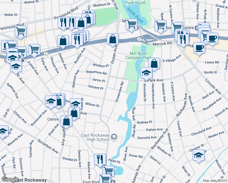 map of restaurants, bars, coffee shops, grocery stores, and more near 79 Mill River Avenue in Lynbrook