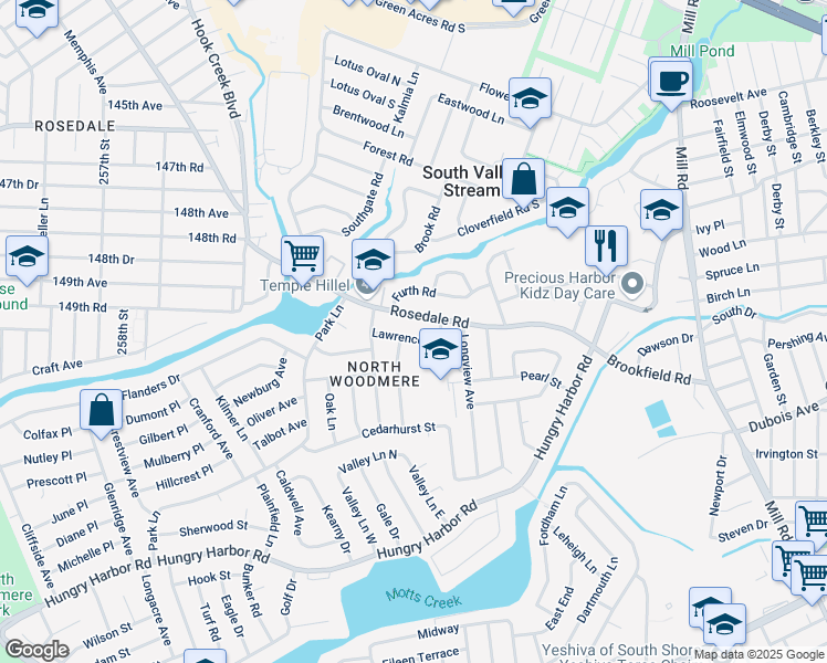 map of restaurants, bars, coffee shops, grocery stores, and more near 1036 Lawrence Court in Valley Stream