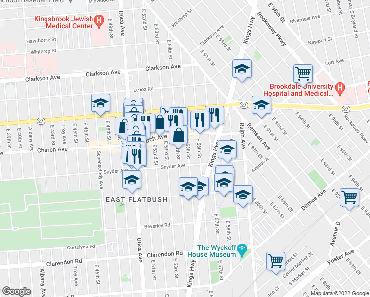 map of restaurants, bars, coffee shops, grocery stores, and more near 299 East 54th Street in Brooklyn