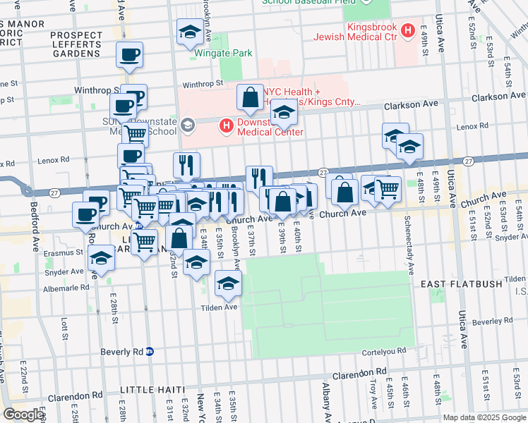 map of restaurants, bars, coffee shops, grocery stores, and more near 3707 Church Avenue in Brooklyn
