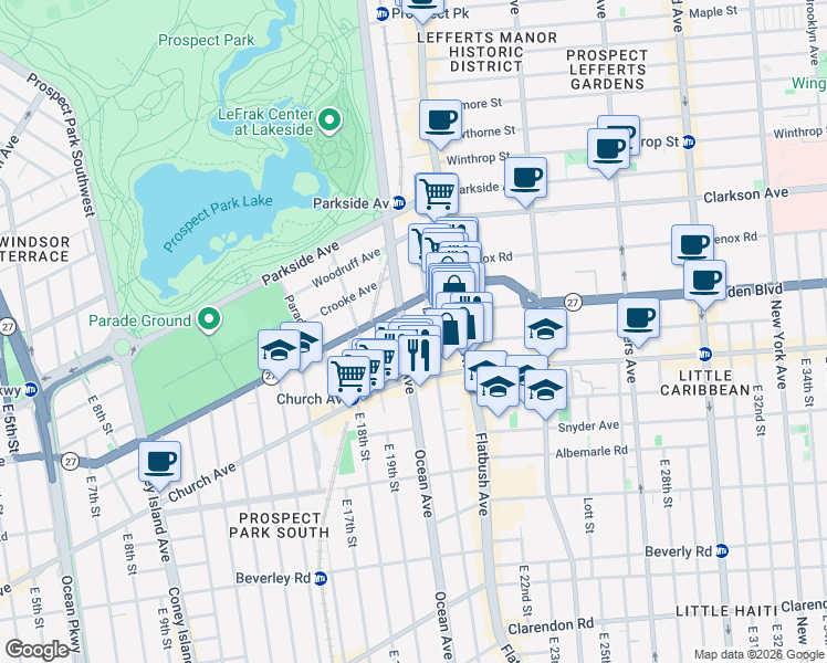 map of restaurants, bars, coffee shops, grocery stores, and more near 100 East 21st Street in Brooklyn