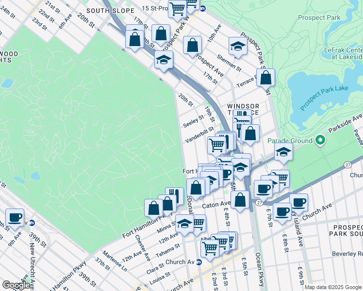 map of restaurants, bars, coffee shops, grocery stores, and more near 117 McDonald Avenue in Brooklyn