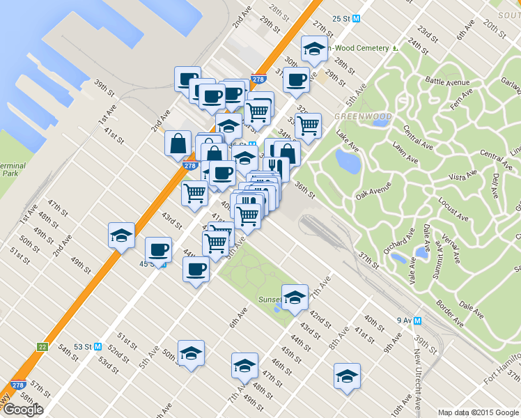 map of restaurants, bars, coffee shops, grocery stores, and more near 1309 5th Avenue in Brooklyn