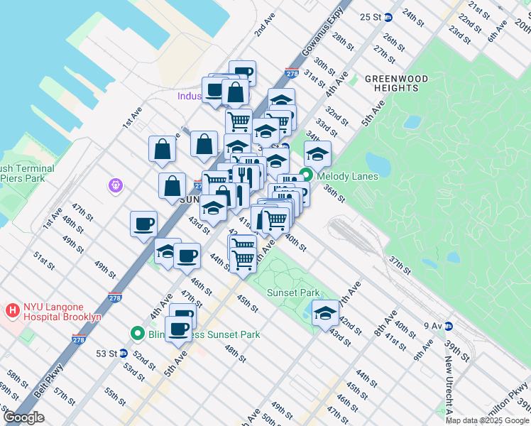 map of restaurants, bars, coffee shops, grocery stores, and more near 451 40th Street in Brooklyn