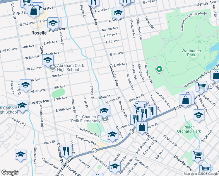 map of restaurants, bars, coffee shops, grocery stores, and more near 399 East 9th Avenue in Roselle