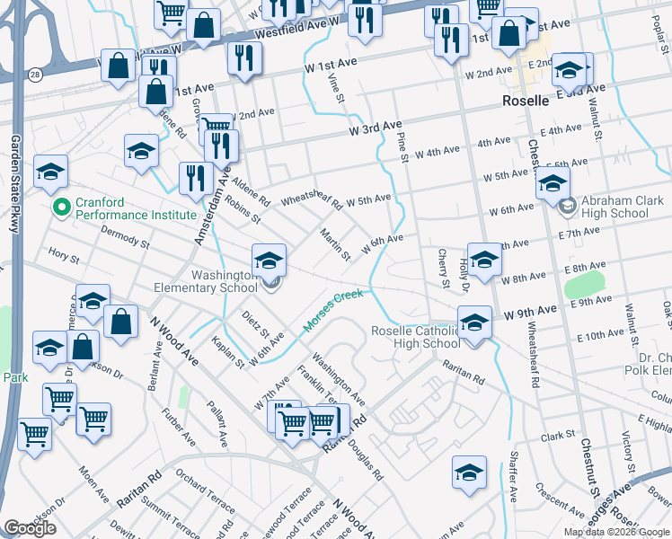 map of restaurants, bars, coffee shops, grocery stores, and more near 225 Grace Street in Roselle