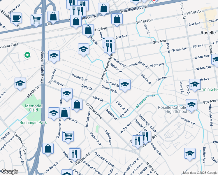 map of restaurants, bars, coffee shops, grocery stores, and more near 440 Cristiani Street in Roselle