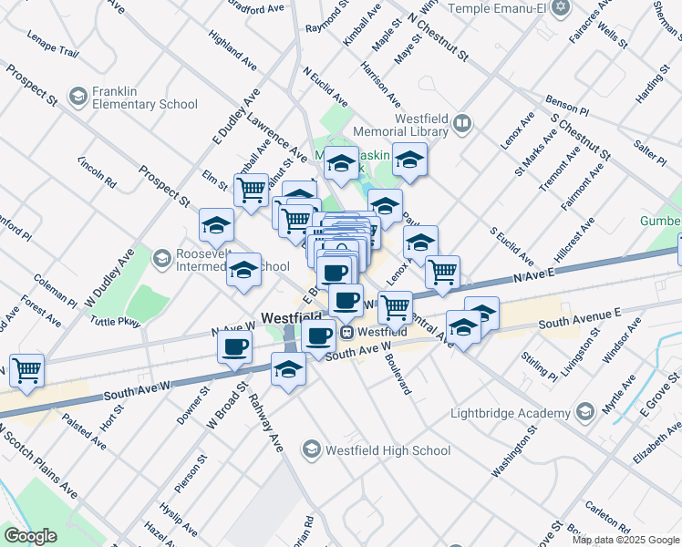 map of restaurants, bars, coffee shops, grocery stores, and more near 43 Elm Street in Westfield