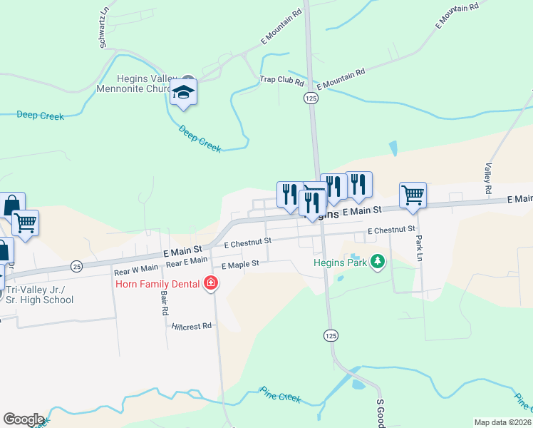 map of restaurants, bars, coffee shops, grocery stores, and more near 540 East Main Street in Hegins