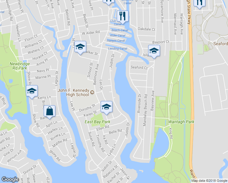 map of restaurants, bars, coffee shops, grocery stores, and more near 2877 Judith Drive in Bellmore