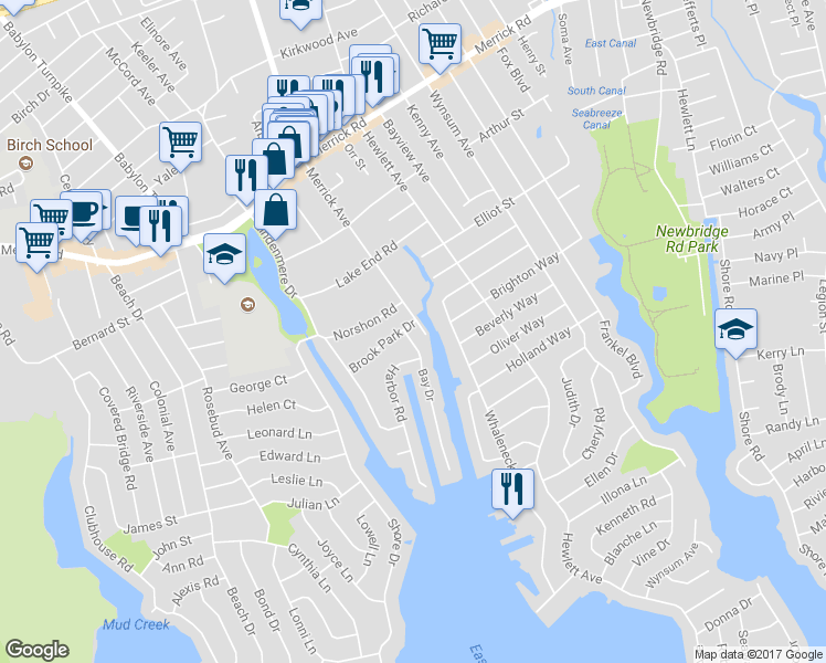 map of restaurants, bars, coffee shops, grocery stores, and more near 2787 Bay Drive in Merrick