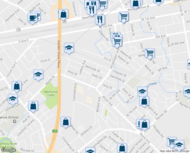 map of restaurants, bars, coffee shops, grocery stores, and more near 821 Baltimore Avenue in Roselle