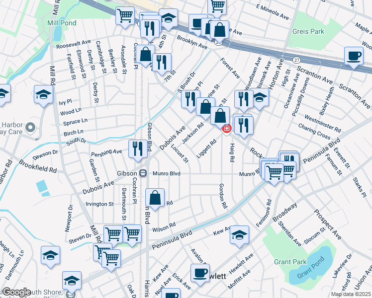 map of restaurants, bars, coffee shops, grocery stores, and more near 14 Elgin Road in Valley Stream