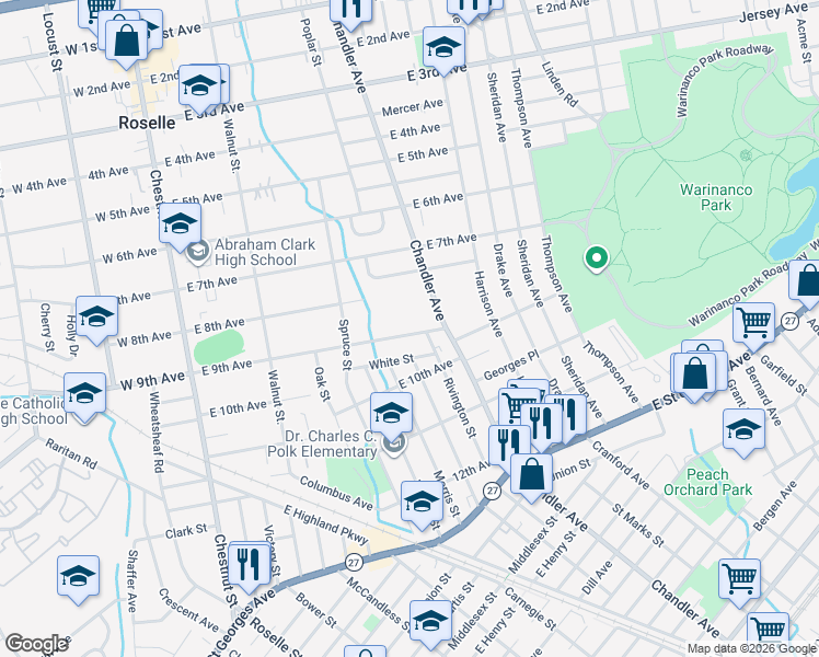 map of restaurants, bars, coffee shops, grocery stores, and more near 399 East 9th Avenue in Roselle