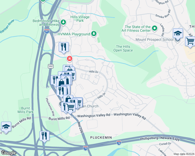 map of restaurants, bars, coffee shops, grocery stores, and more near 61 Fieldstone Road in Bedminster