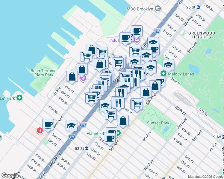 map of restaurants, bars, coffee shops, grocery stores, and more near 3rd Avenue in Brooklyn