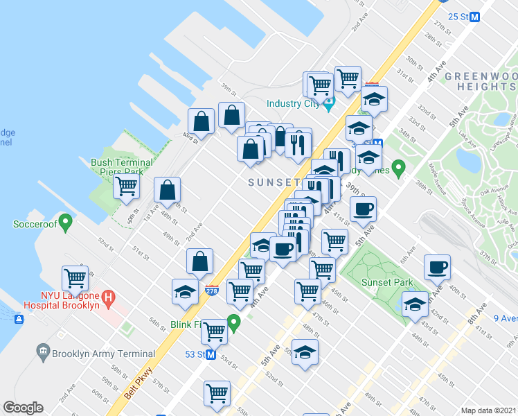 map of restaurants, bars, coffee shops, grocery stores, and more near 271 44th Street in Brooklyn