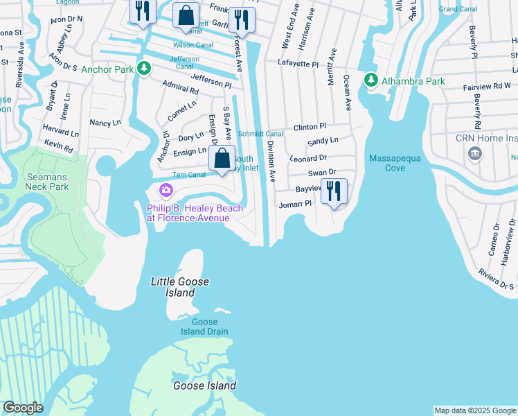 map of restaurants, bars, coffee shops, grocery stores, and more near 29 Forest Avenue in Massapequa