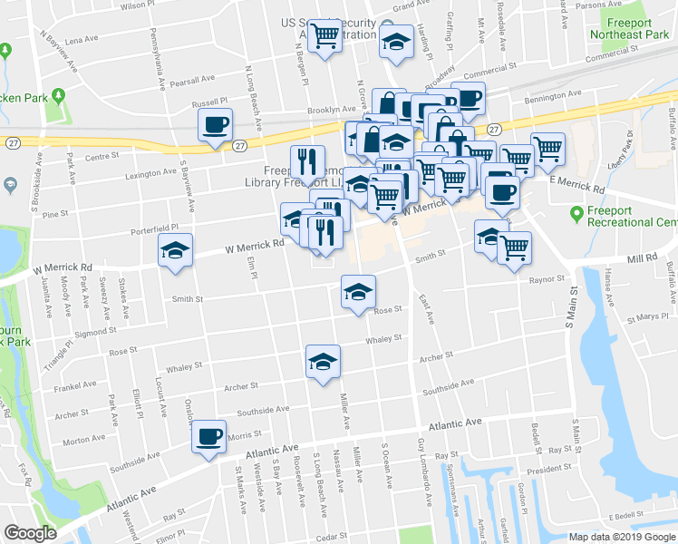 map of restaurants, bars, coffee shops, grocery stores, and more near 194-198 Smith Street in Freeport