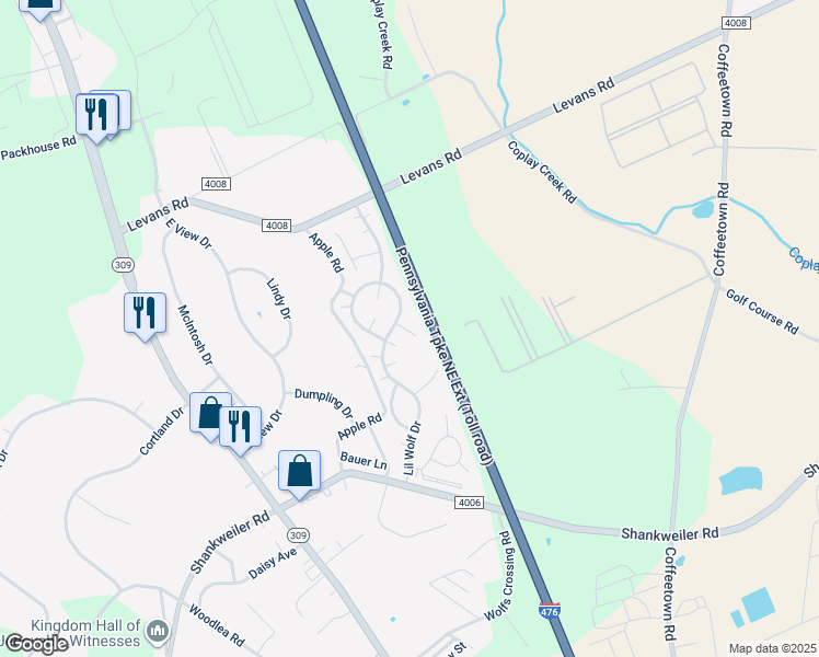map of restaurants, bars, coffee shops, grocery stores, and more near 4225 Panther Court in Lehigh County