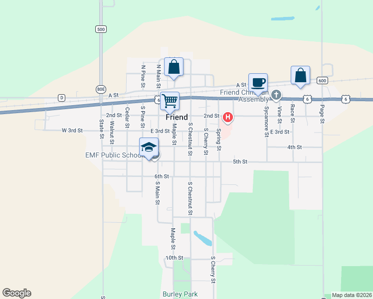 map of restaurants, bars, coffee shops, grocery stores, and more near 611 4th Street in Friend