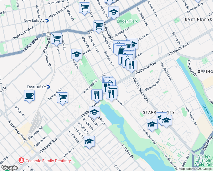 map of restaurants, bars, coffee shops, grocery stores, and more near 12015 Flatlands Avenue in Brooklyn