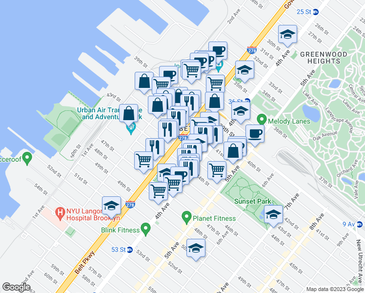 map of restaurants, bars, coffee shops, grocery stores, and more near 319 43rd Street in Brooklyn