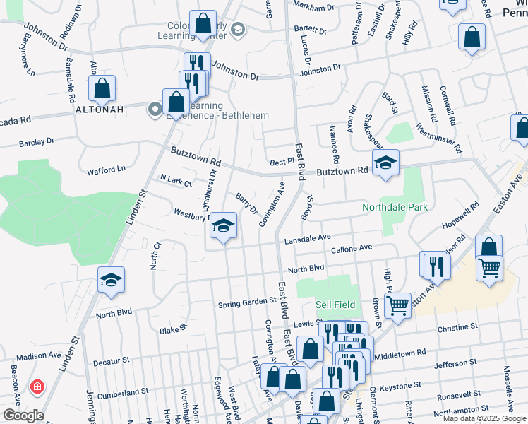 map of restaurants, bars, coffee shops, grocery stores, and more near 1369 Barry Dr in Bethlehem