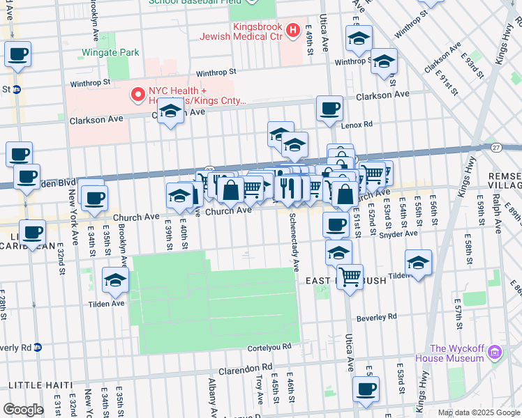 map of restaurants, bars, coffee shops, grocery stores, and more near Church Ave & E 45th St in Brooklyn