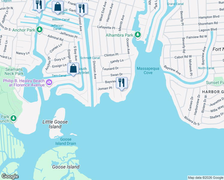 map of restaurants, bars, coffee shops, grocery stores, and more near 26 Jomarr Court in Massapequa