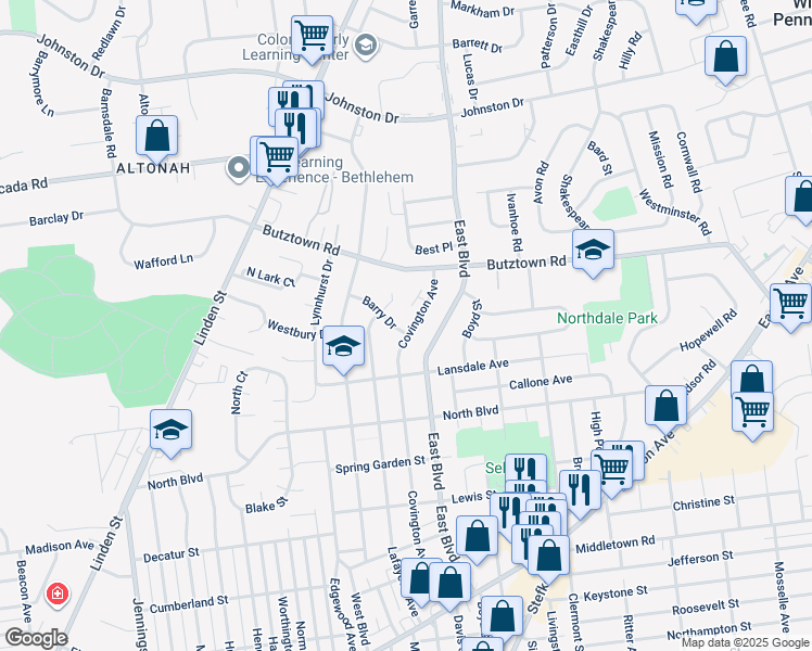map of restaurants, bars, coffee shops, grocery stores, and more near 1369 Barry Dr in Bethlehem