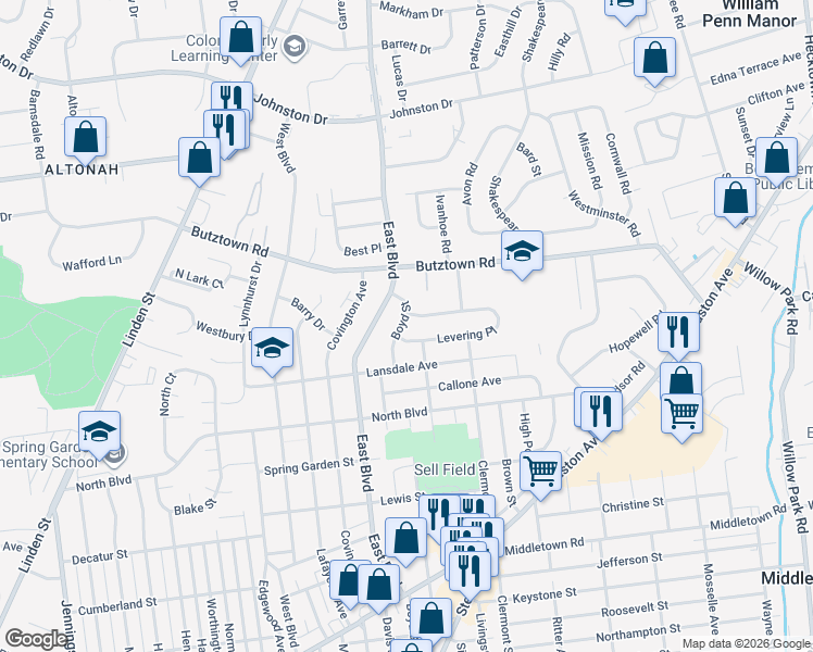 map of restaurants, bars, coffee shops, grocery stores, and more near 2652 Boyd Street in Bethlehem