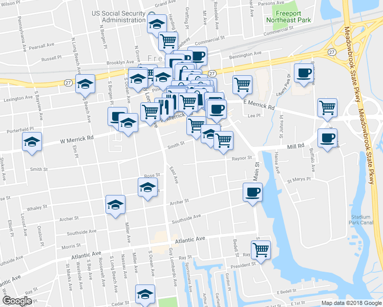 map of restaurants, bars, coffee shops, grocery stores, and more near 170 Church Street in Freeport