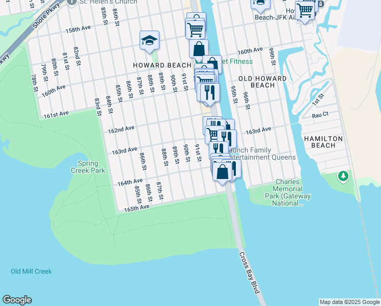 map of restaurants, bars, coffee shops, grocery stores, and more near 163-29 90th Street in Queens