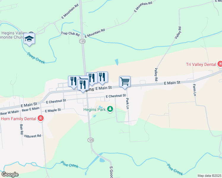 map of restaurants, bars, coffee shops, grocery stores, and more near 817 East Main Street in Hegins