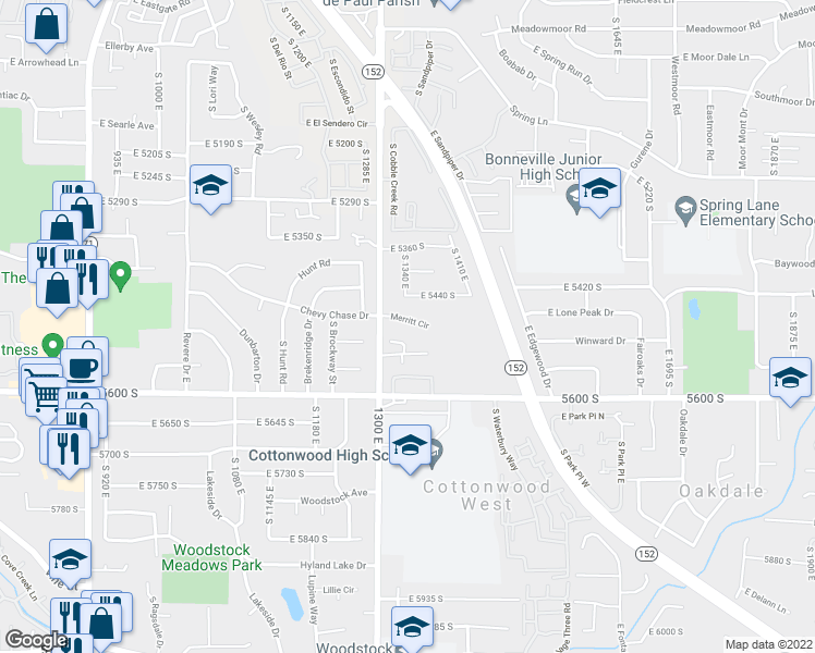 map of restaurants, bars, coffee shops, grocery stores, and more near 1344 Merritt Circle in Salt Lake City