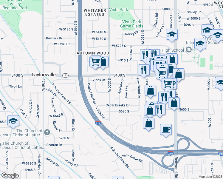 map of restaurants, bars, coffee shops, grocery stores, and more near 5483 2200 West in Salt Lake City