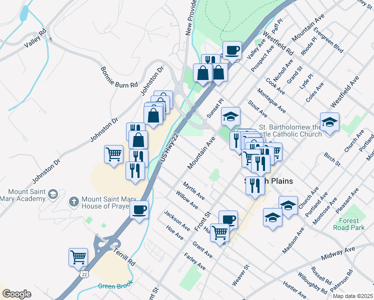 map of restaurants, bars, coffee shops, grocery stores, and more near 242 Pinehurst Avenue in Scotch Plains