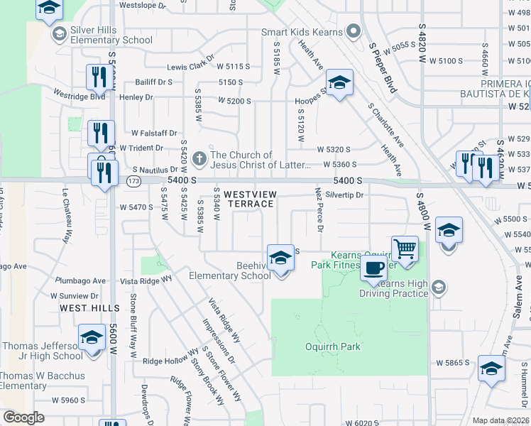 map of restaurants, bars, coffee shops, grocery stores, and more near 5485 South Sarah Jane Drive in Kearns