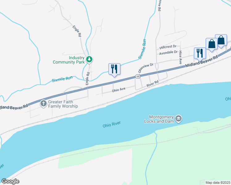 map of restaurants, bars, coffee shops, grocery stores, and more near 1523 Ohio Avenue in Industry