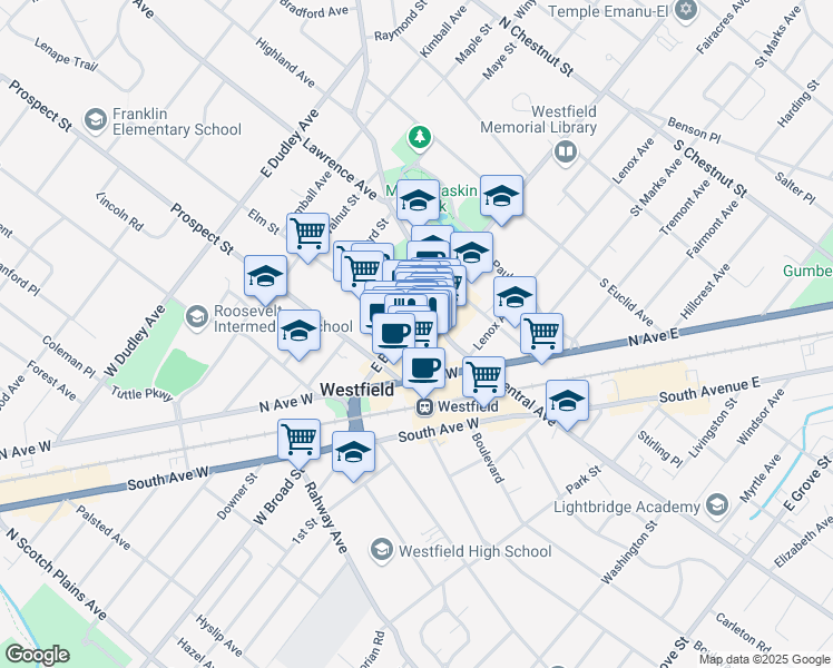 map of restaurants, bars, coffee shops, grocery stores, and more near 43 Elm Street in Westfield