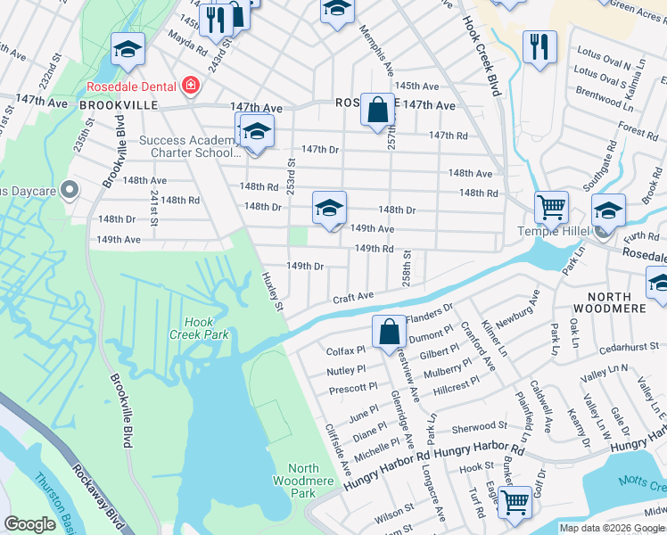 map of restaurants, bars, coffee shops, grocery stores, and more near 256-20 149th Drive in Queens