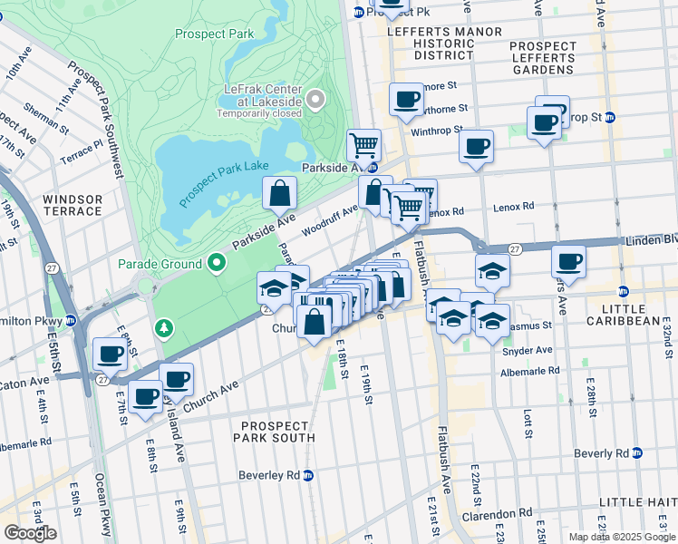 map of restaurants, bars, coffee shops, grocery stores, and more near Caton Ave & St Pauls Pl in Brooklyn